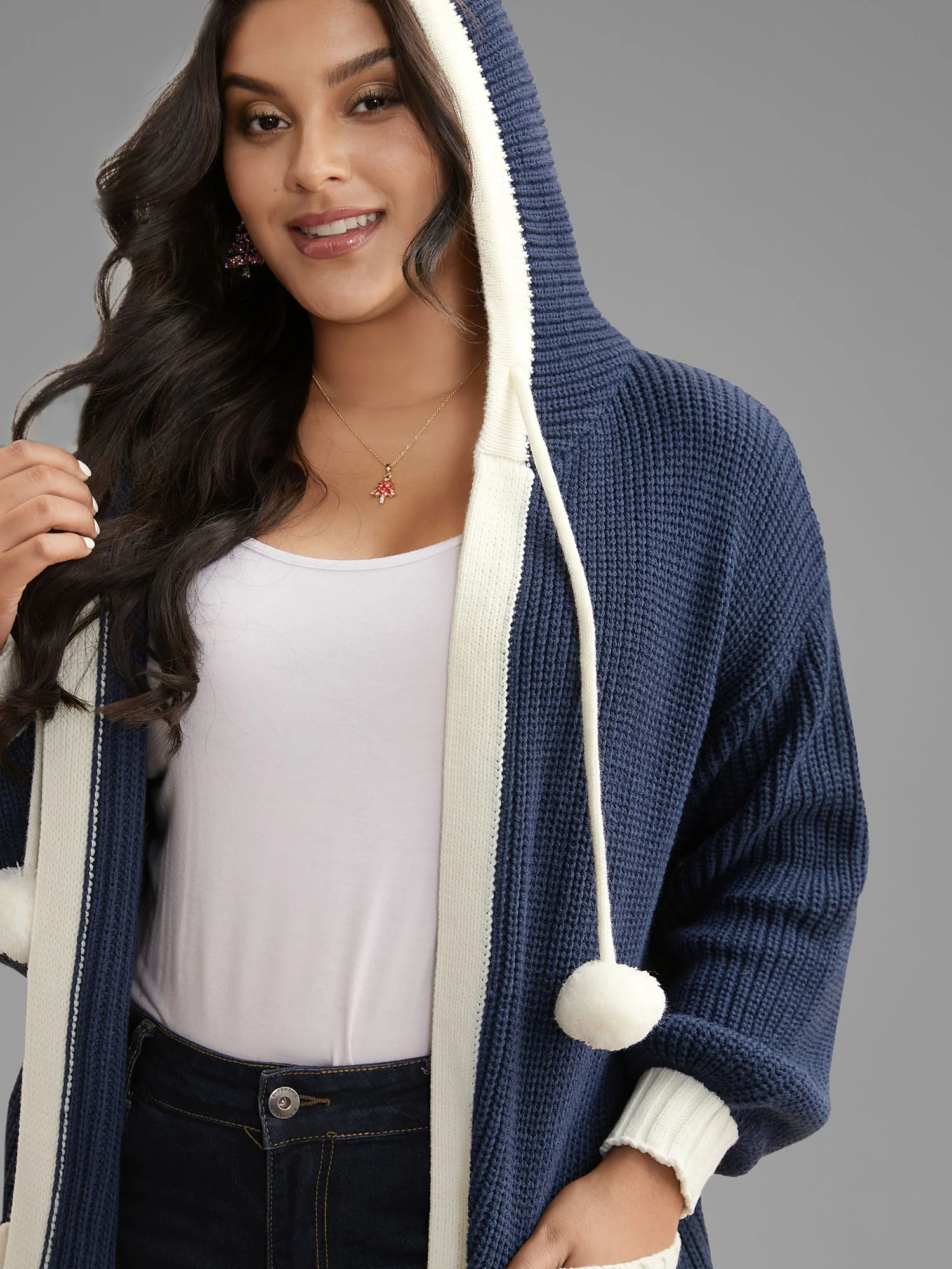 Contrast Hood Hemline Pockets Open Cardigan - Image 3
