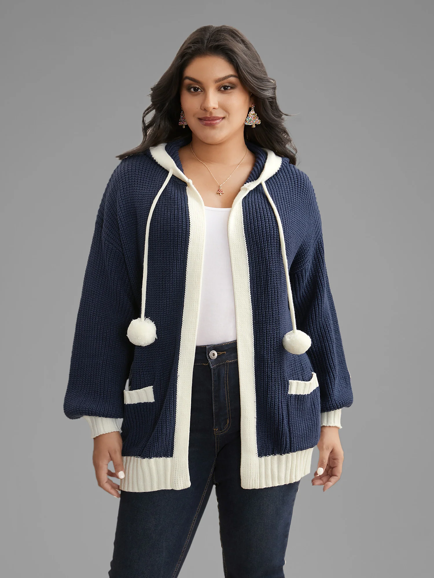Contrast Hood Hemline Pockets Open Cardigan - Image 4