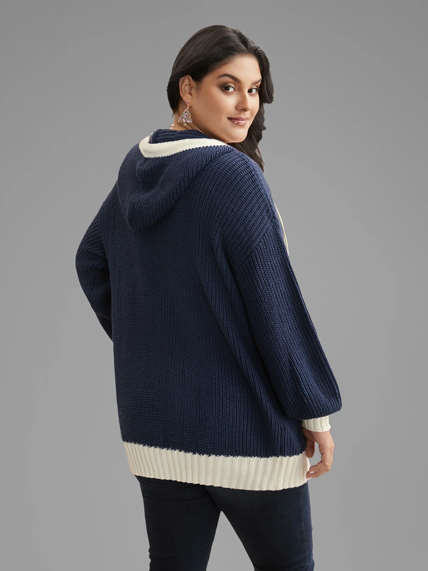 Contrast Hood Hemline Pockets Open Cardigan - Image 5