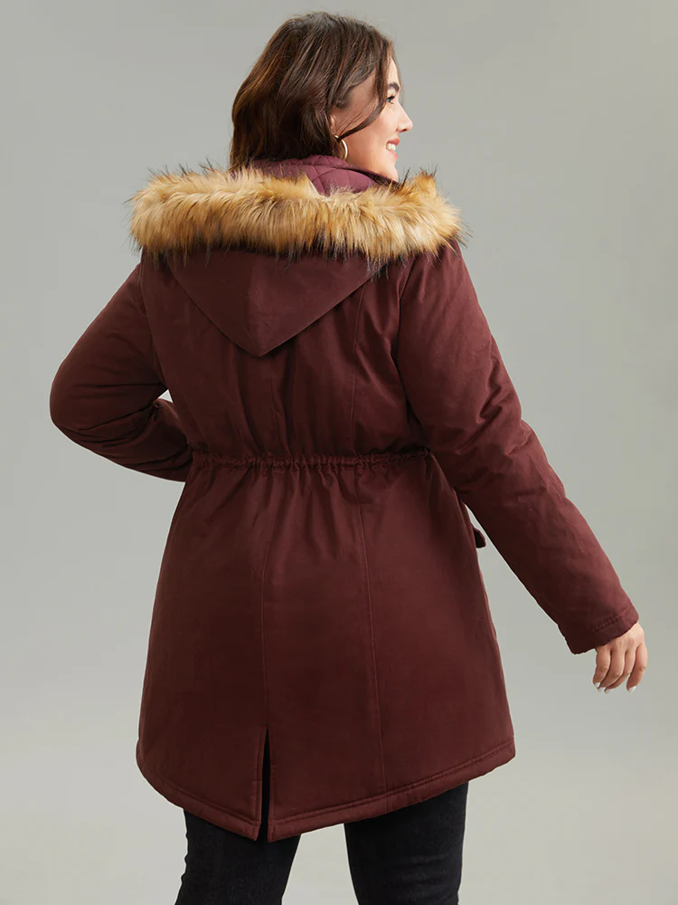 Contrast Hooded Fuzzy Trim Drawstring Padded Coat - Image 2