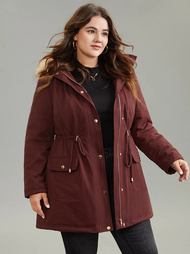 Contrast Hooded Fuzzy Trim Drawstring Padded Coat - Image 3