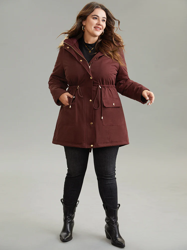 Contrast Hooded Fuzzy Trim Drawstring Padded Coat - Image 4
