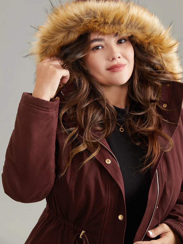 Contrast Hooded Fuzzy Trim Drawstring Padded Coat - Image 5