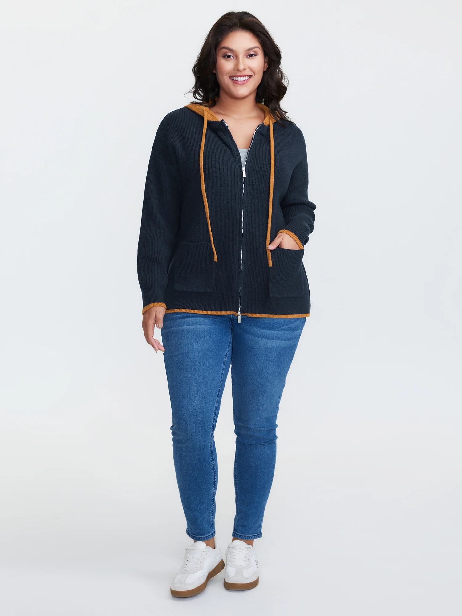 Contrast Hooded Zipper Front Pocketed Cardigan - Image 2