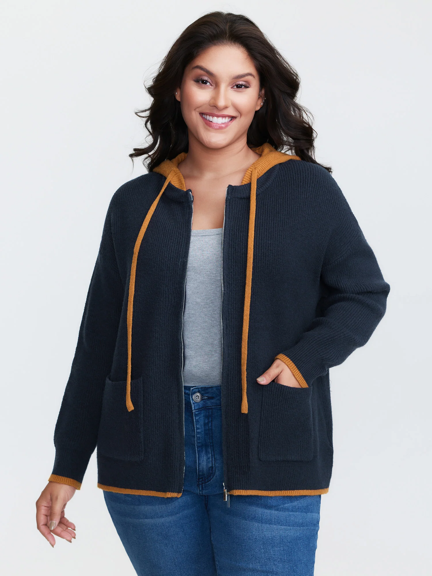 Contrast Hooded Zipper Front Pocketed Cardigan - Image 3