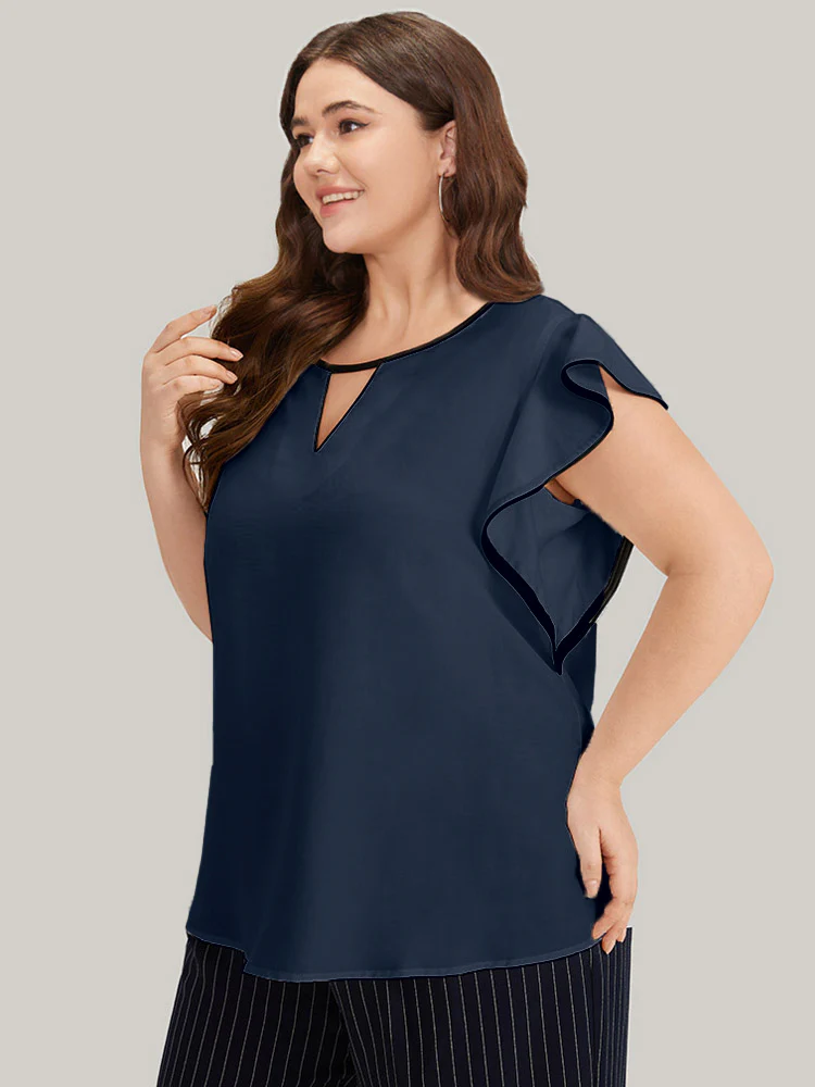 Contrast Keyhole Ruffle Trim Cap Sleeve Blouse - Image 2