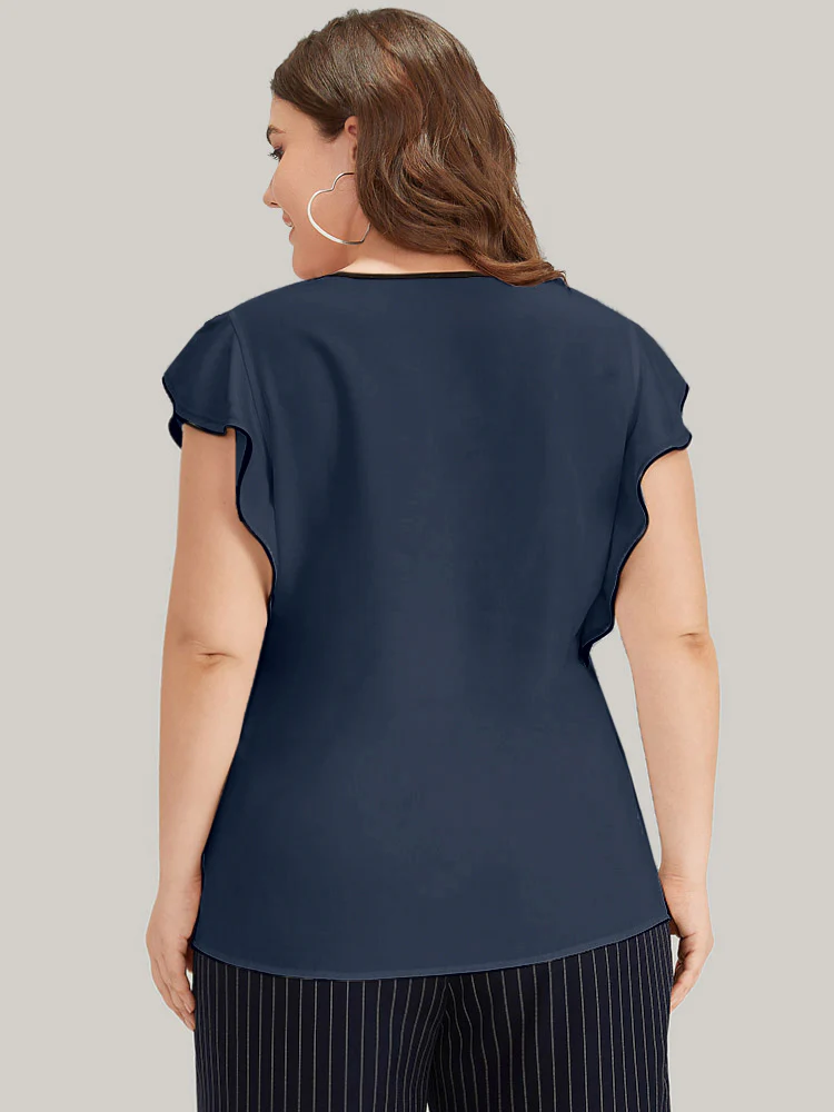 Contrast Keyhole Ruffle Trim Cap Sleeve Blouse - Image 4
