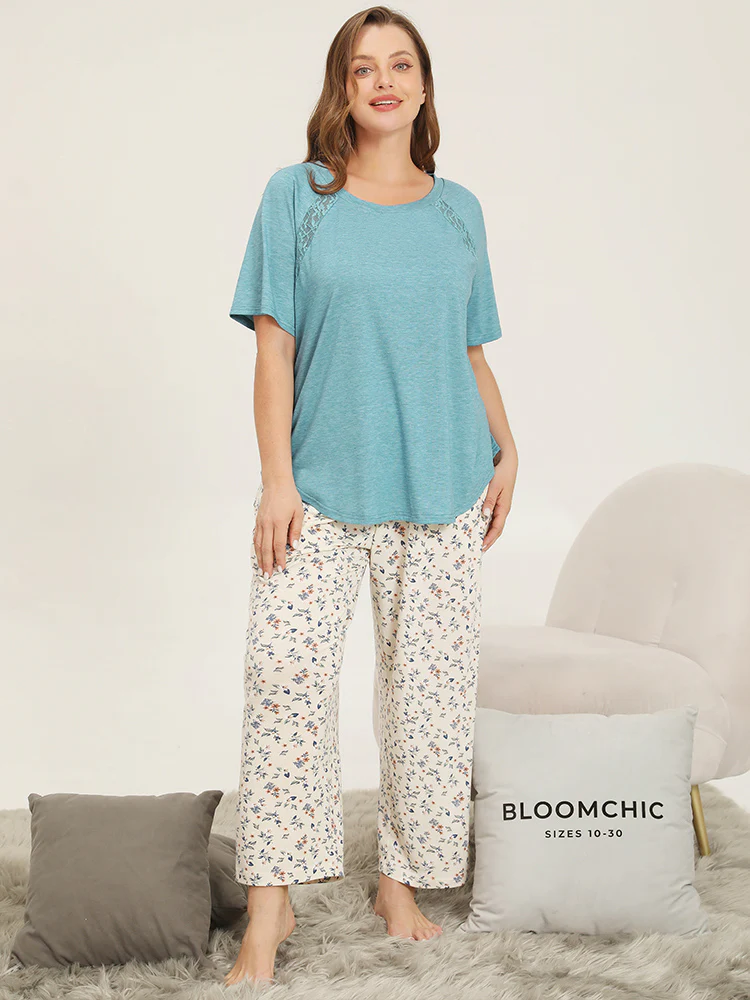 Sheer Lace Trim Curvy Hem Plain Pajama Top - Image 3