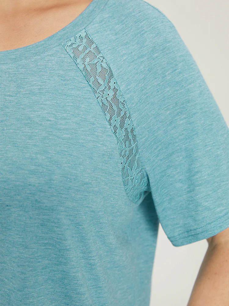 Sheer Lace Trim Curvy Hem Plain Pajama Top - Image 7