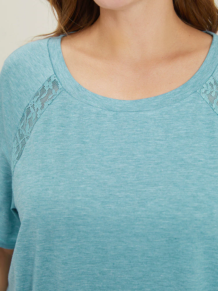 Sheer Lace Trim Curvy Hem Plain Pajama Top - Image 8