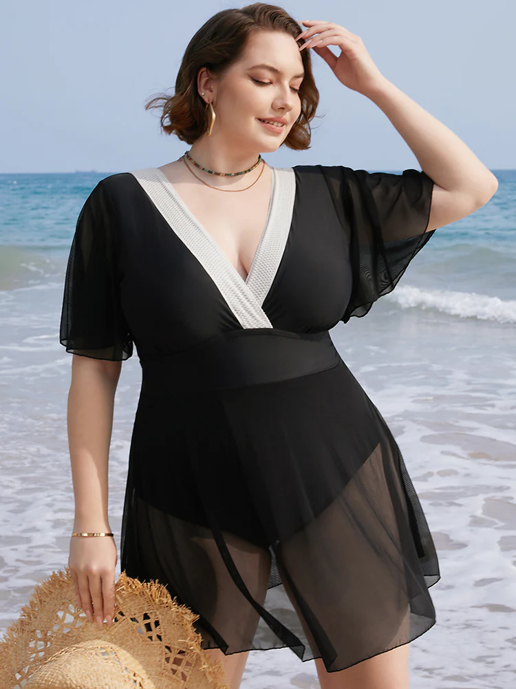 Contrast Lace Knot Back Mesh Ruffle Swim Dress - Image 3
