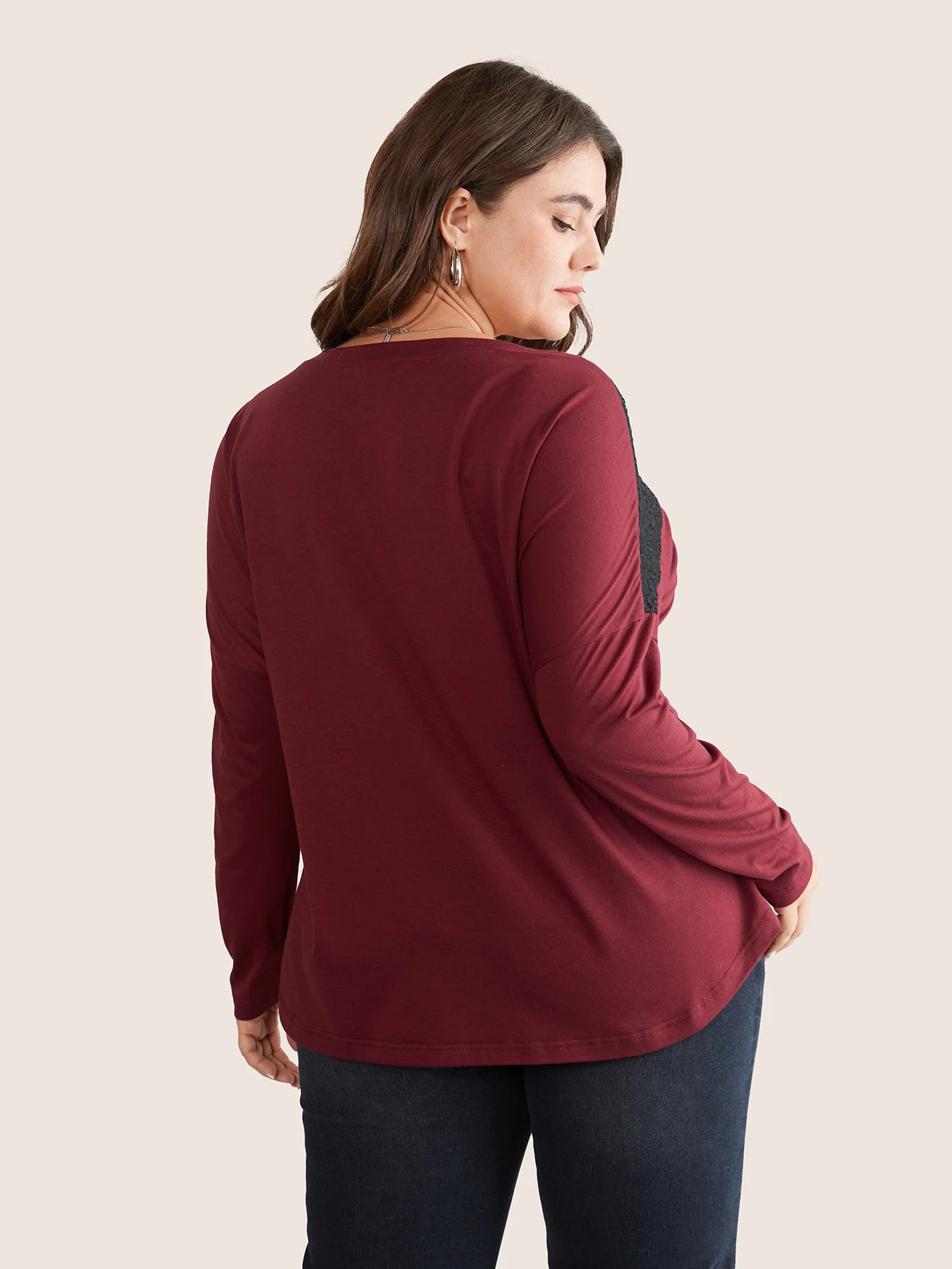 Contrast Lace Panel Drop Shoulder T-shirt - Image 2