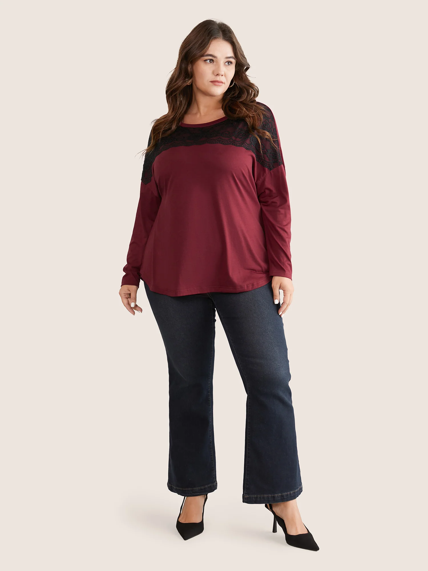 Contrast Lace Panel Drop Shoulder T-shirt - Image 3