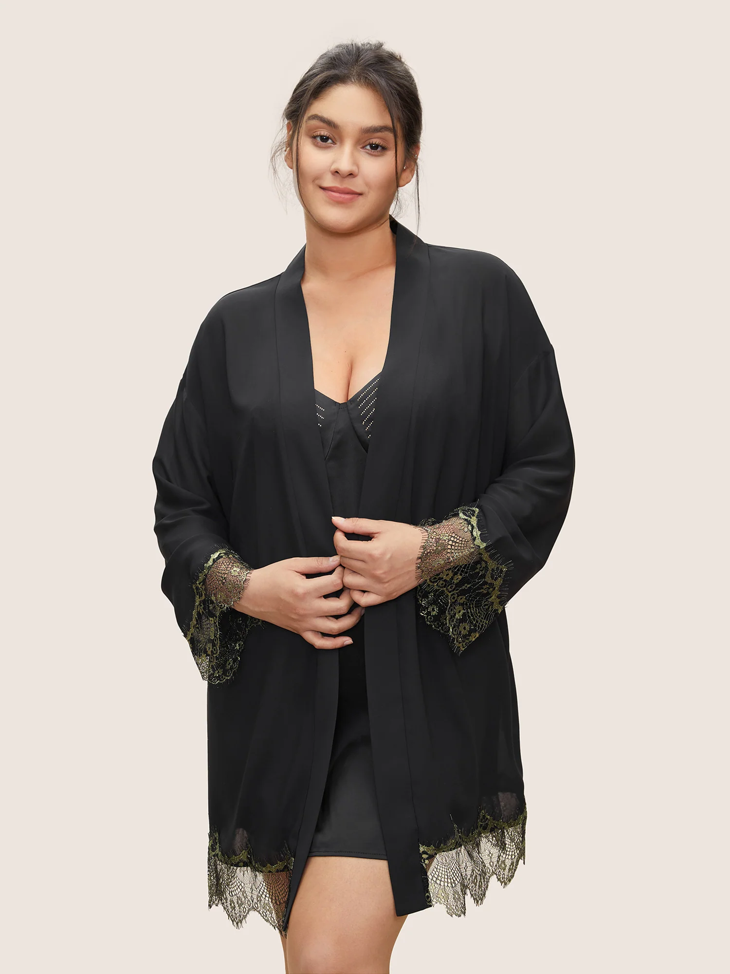 Contrast Lace Patchwork Scalloped Trim Belted Robe - Image 2
