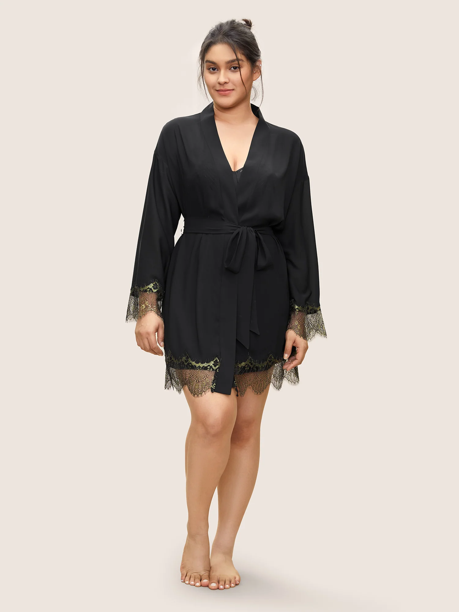 Contrast Lace Patchwork Scalloped Trim Belted Robe - Image 3