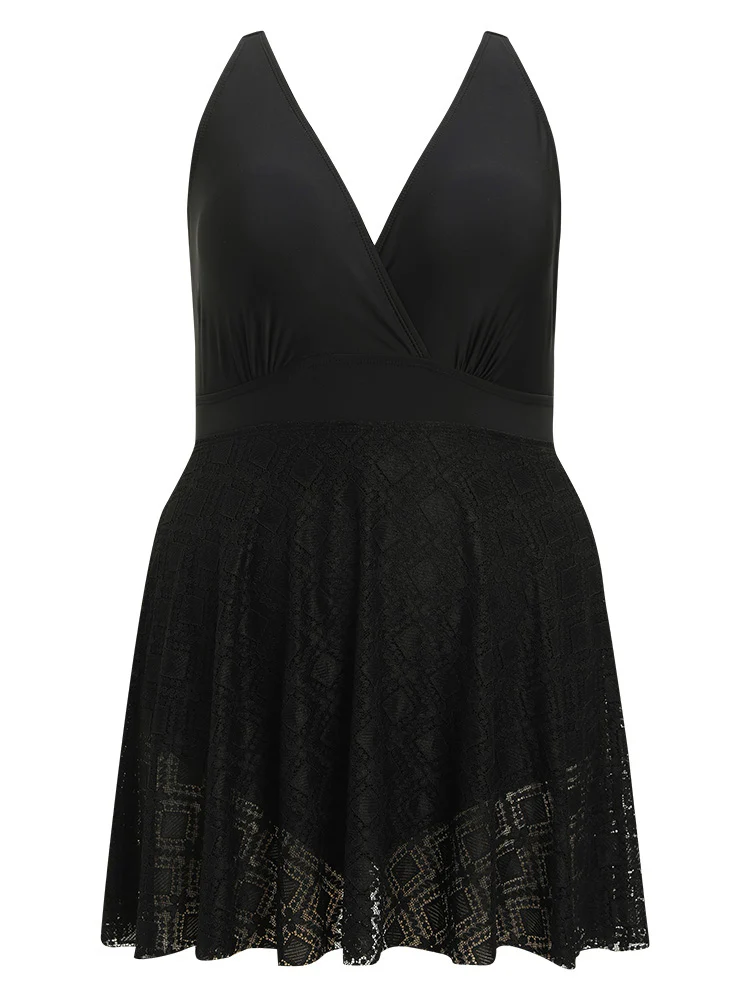 Contrast Lace Ruffle Hem Surplice Neck Swim Dress - Image 10