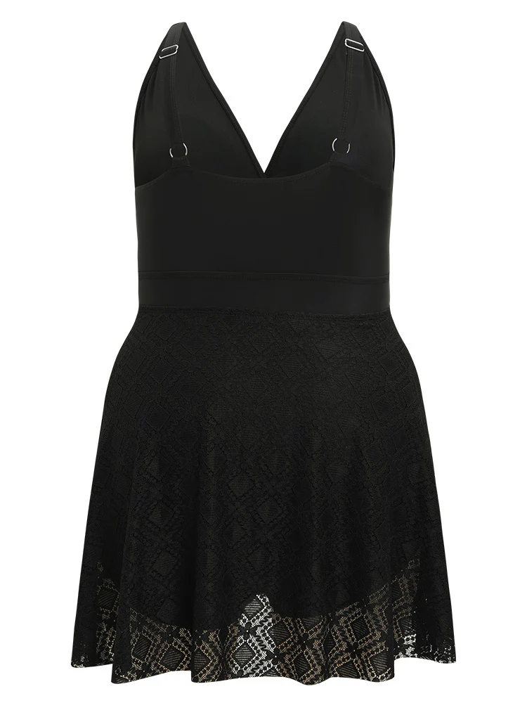 Contrast Lace Ruffle Hem Surplice Neck Swim Dress - Image 11