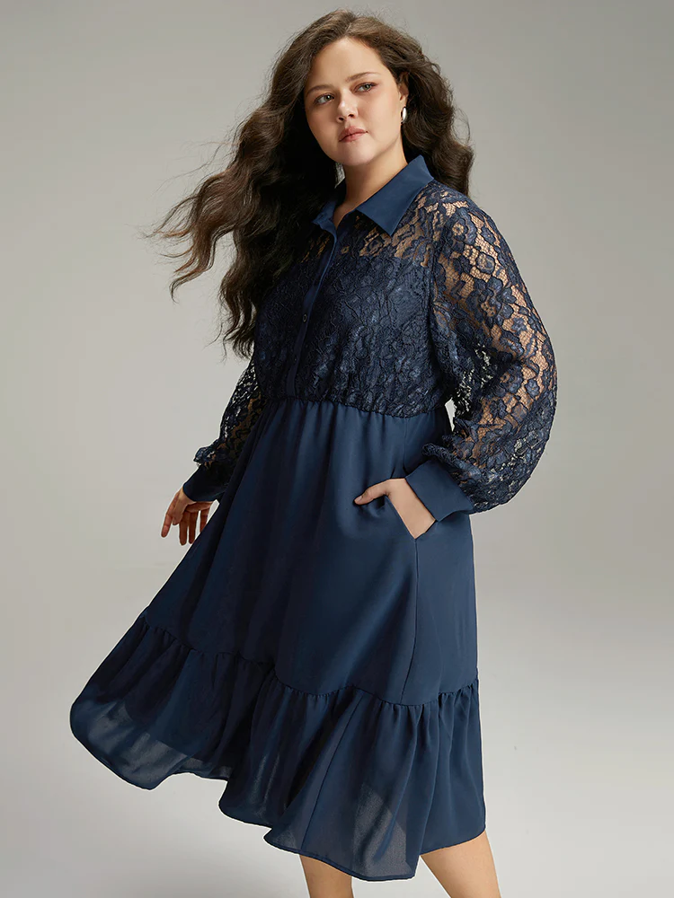 Contrast Lace Shirt Collar Ruffle Hem Dress - Image 3