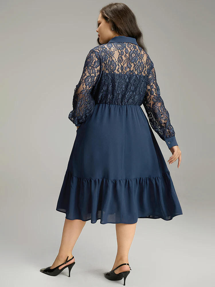 Contrast Lace Shirt Collar Ruffle Hem Dress - Image 4