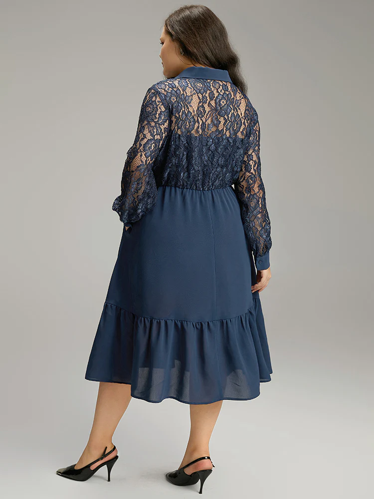 Contrast Lace Shirt Collar Ruffle Hem Dress - Image 5