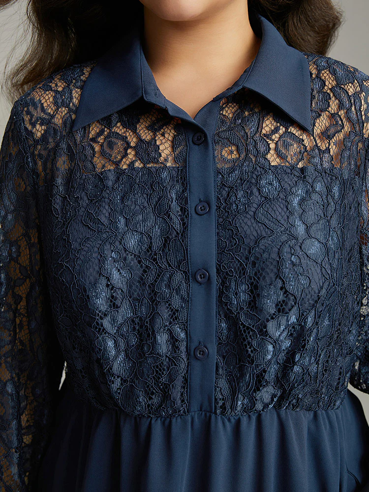 Contrast Lace Shirt Collar Ruffle Hem Dress - Image 6