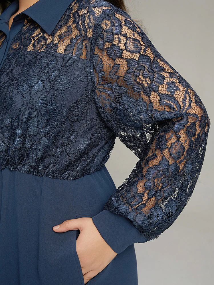 Contrast Lace Shirt Collar Ruffle Hem Dress - Image 7