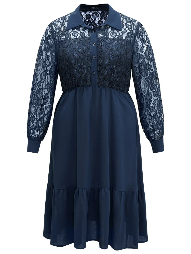 Contrast Lace Shirt Collar Ruffle Hem Dress - Image 9