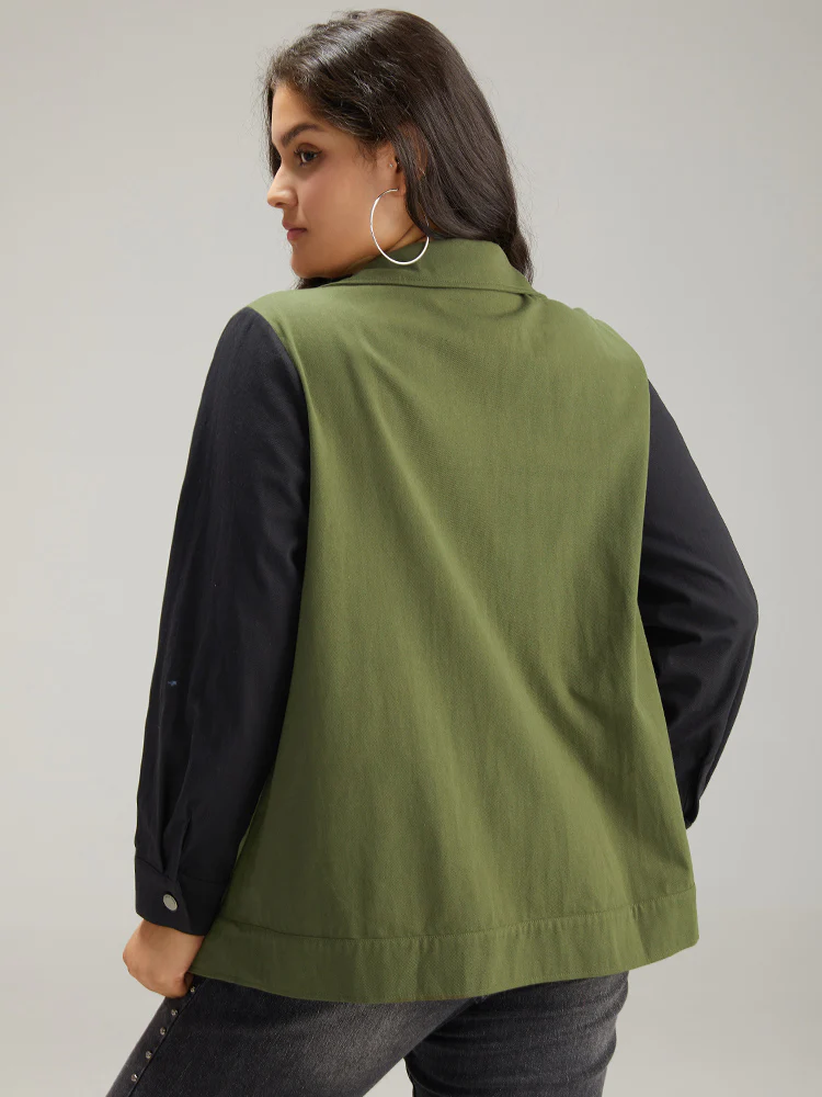 Contrast Lapel Collar Pocket Zipper Fly Coat - Image 2