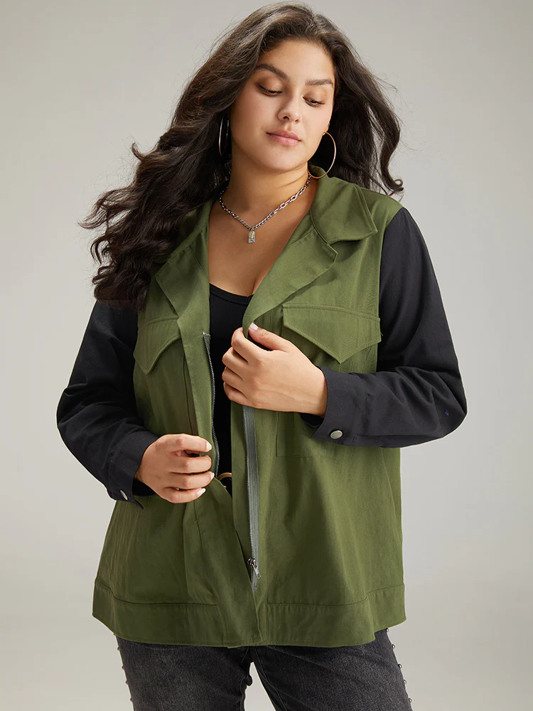 Contrast Lapel Collar Pocket Zipper Fly Coat - Image 3
