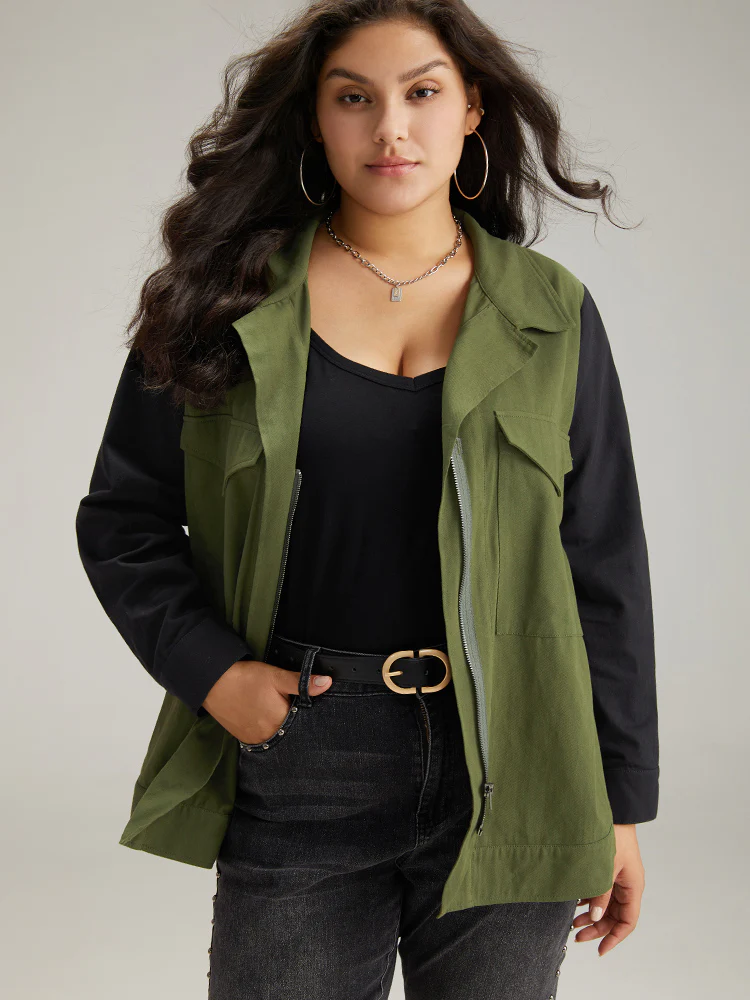 Contrast Lapel Collar Pocket Zipper Fly Coat - Image 4
