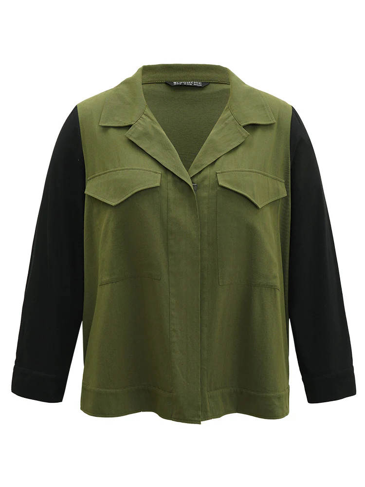 Contrast Lapel Collar Pocket Zipper Fly Coat - Image 7