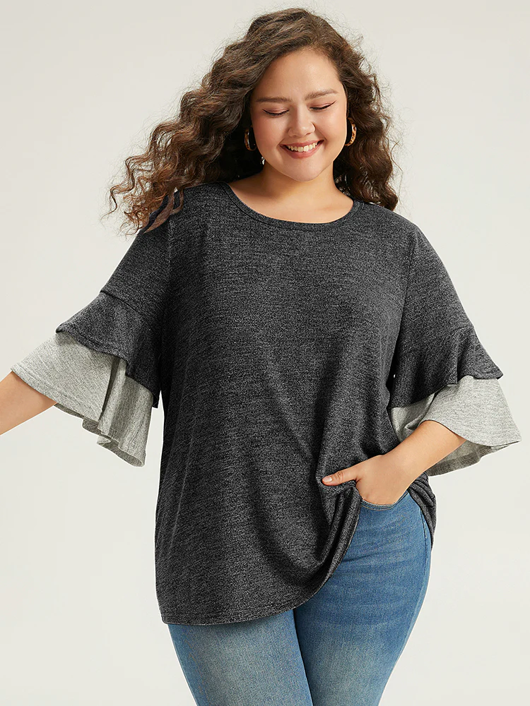 Contrast Layered Flutter Sleeve T-shirt