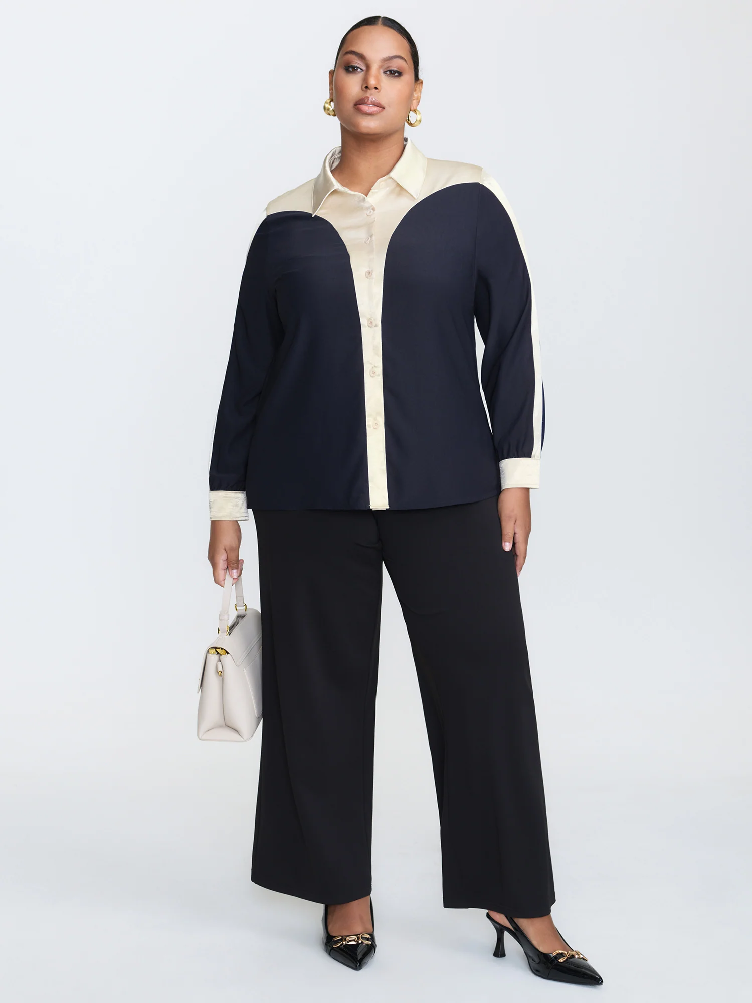 Contrast Material Button-Down Blouse - Image 2