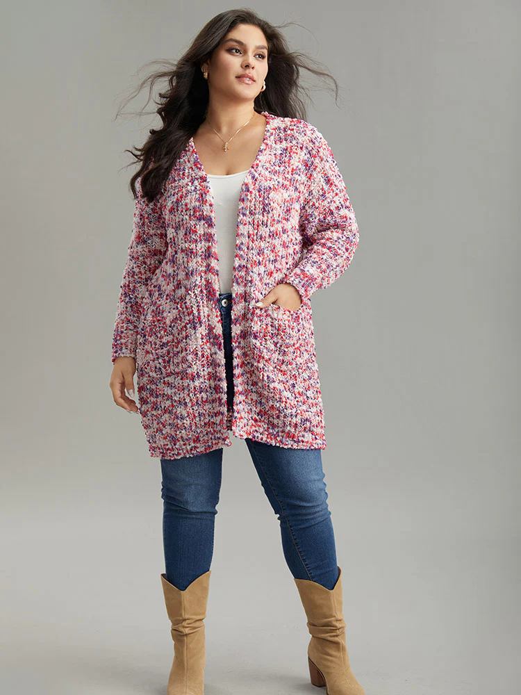 Contrast Fuzzy Open Front Patched Pocket Cardigan - Image 5