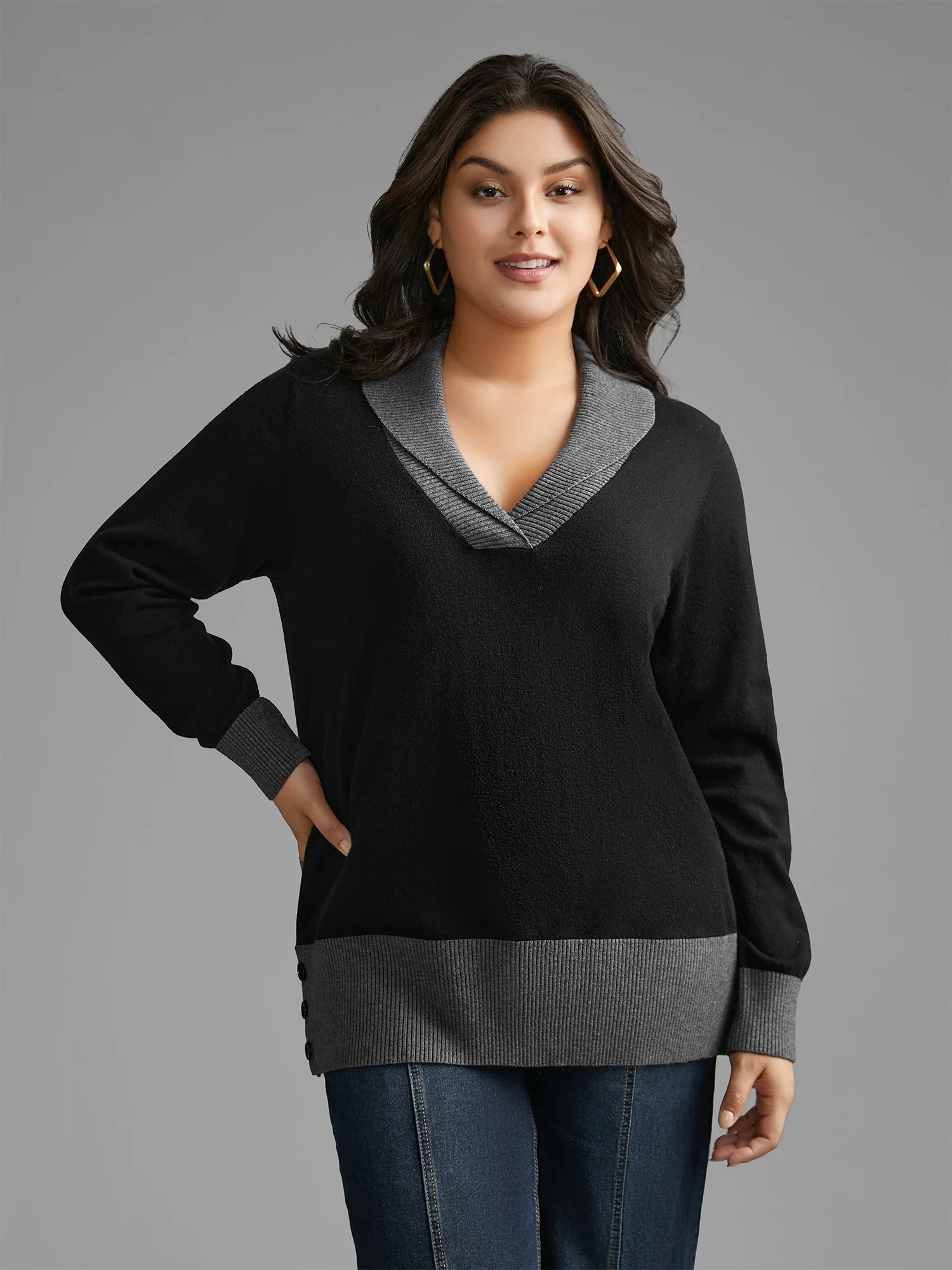 Contrast Overlap Collar Button Detail Pullover - Image 4