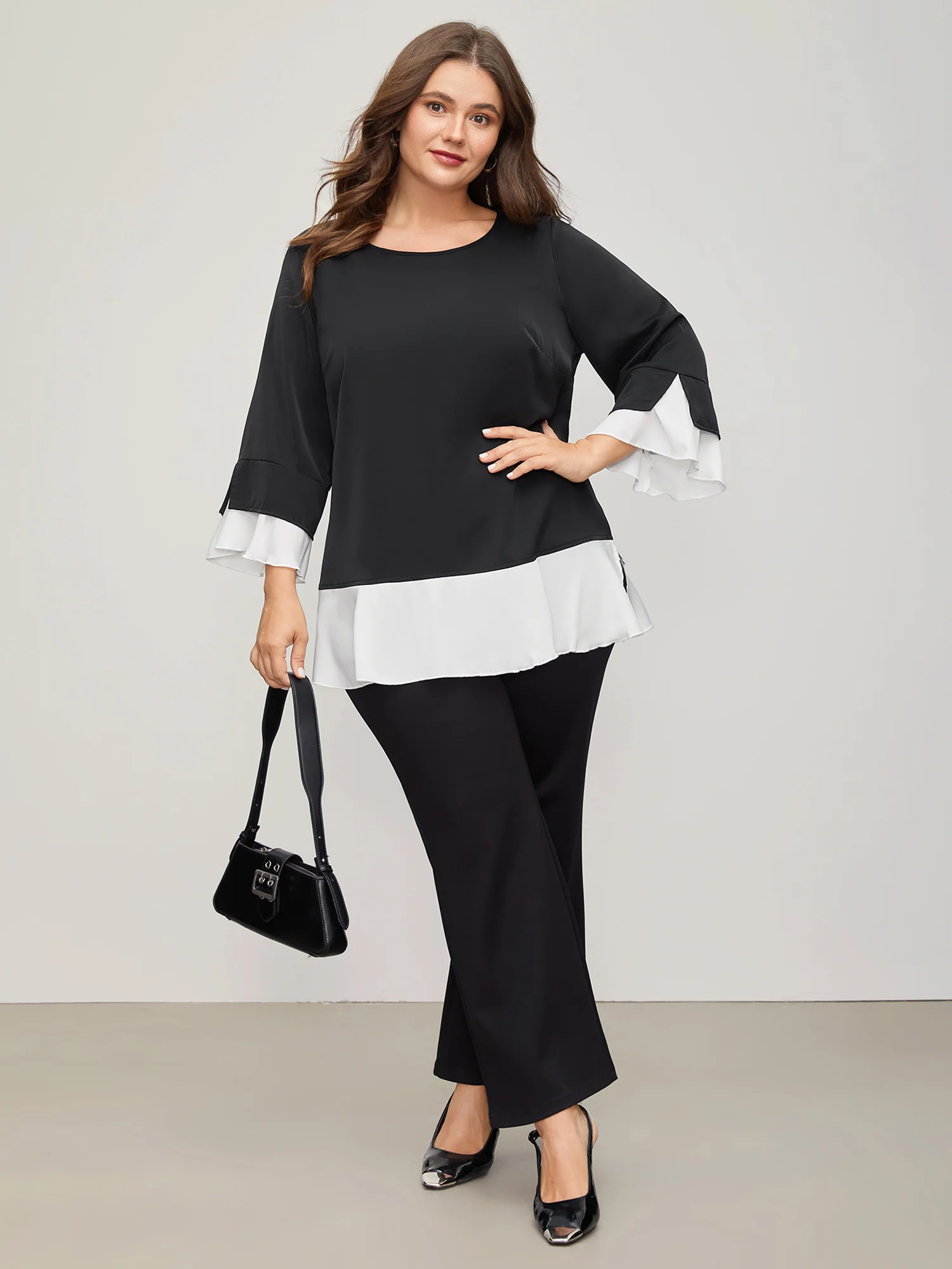 Contrast Patchwork Bell Sleeve Blouse - Image 3