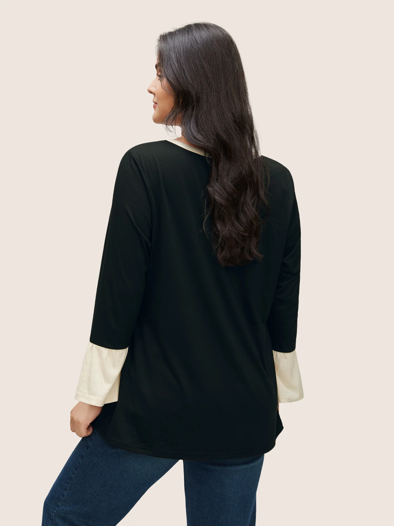 Contrast Patchwork Bell Sleeve T-shirt - Image 2