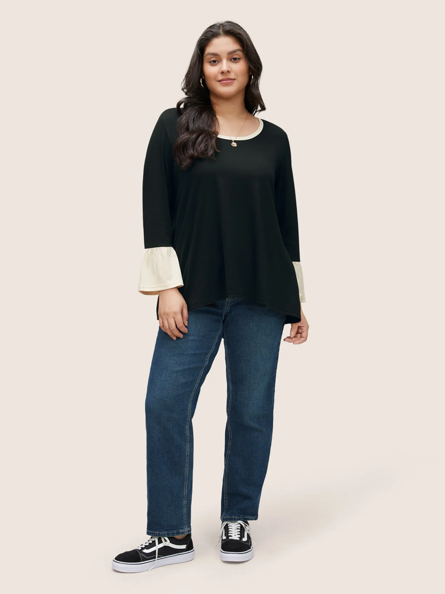 Contrast Patchwork Bell Sleeve T-shirt - Image 3