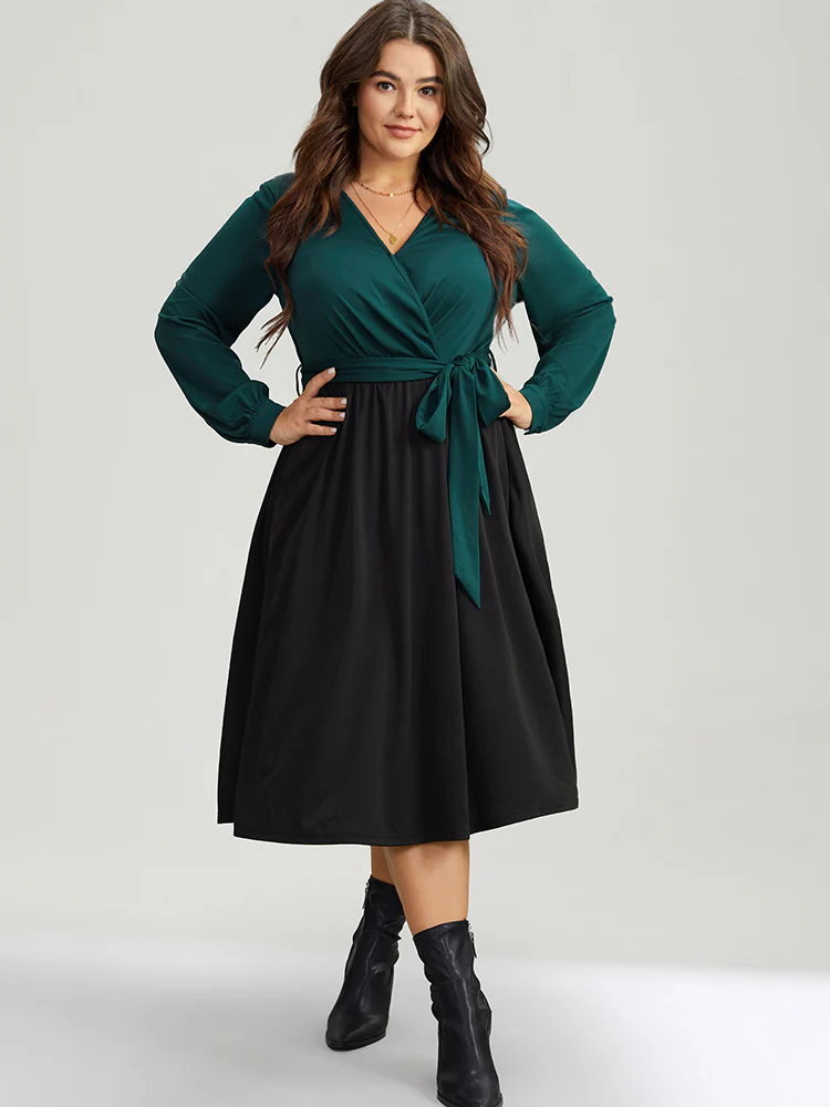 Contrast Patchwork Bowknot Overlap Collar Dress