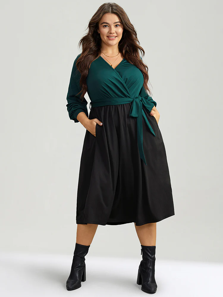 Contrast Patchwork Bowknot Overlap Collar Dress - Image 2
