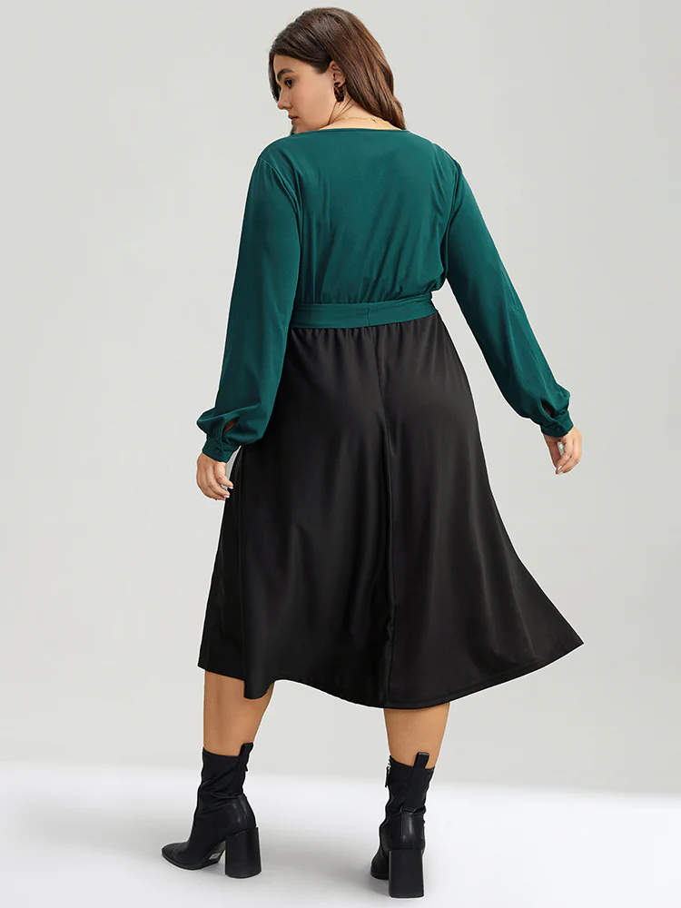 Contrast Patchwork Bowknot Overlap Collar Dress - Image 3