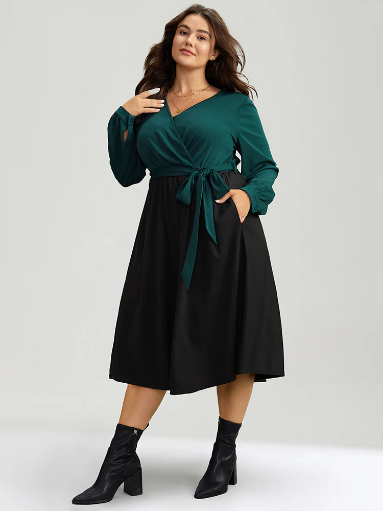 Contrast Patchwork Bowknot Overlap Collar Dress - Image 4