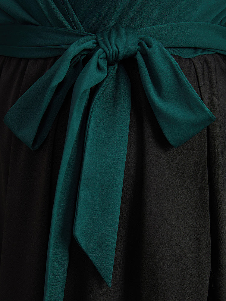 Contrast Patchwork Bowknot Overlap Collar Dress - Image 7