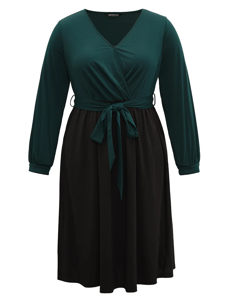 Contrast Patchwork Bowknot Overlap Collar Dress - Image 8