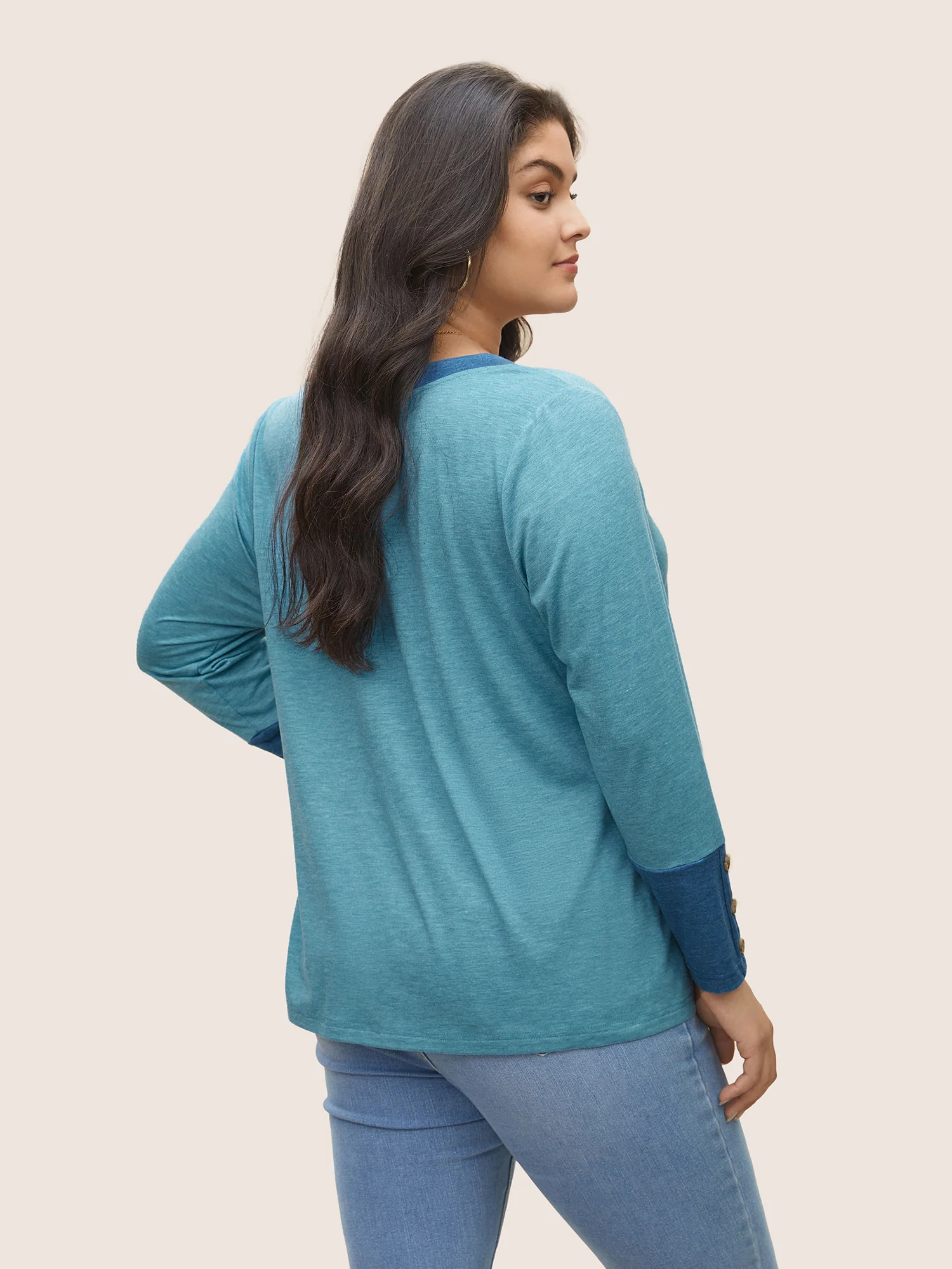 Contrast Patchwork Button Detail T-shirt - Image 2
