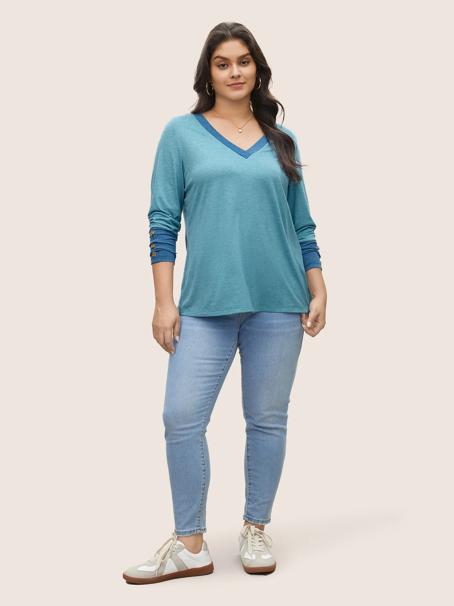 Contrast Patchwork Button Detail T-shirt - Image 3