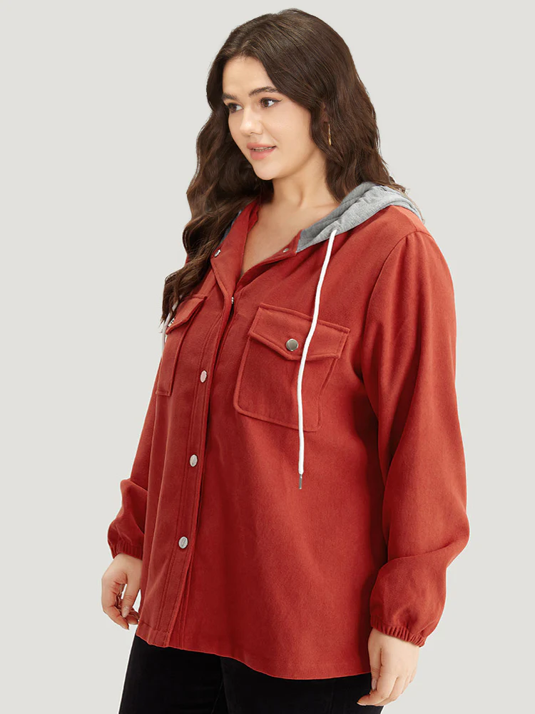 Contrast Patchwork Button Through Hooded Drawstring Corduroy Coat - Image 2