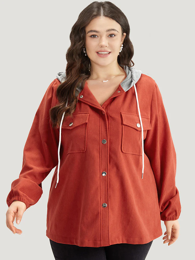 Contrast Patchwork Button Through Hooded Drawstring Corduroy Coat - Image 3