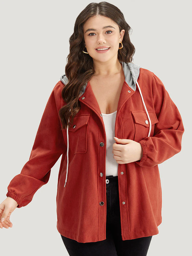 Contrast Patchwork Button Through Hooded Drawstring Corduroy Coat - Image 4