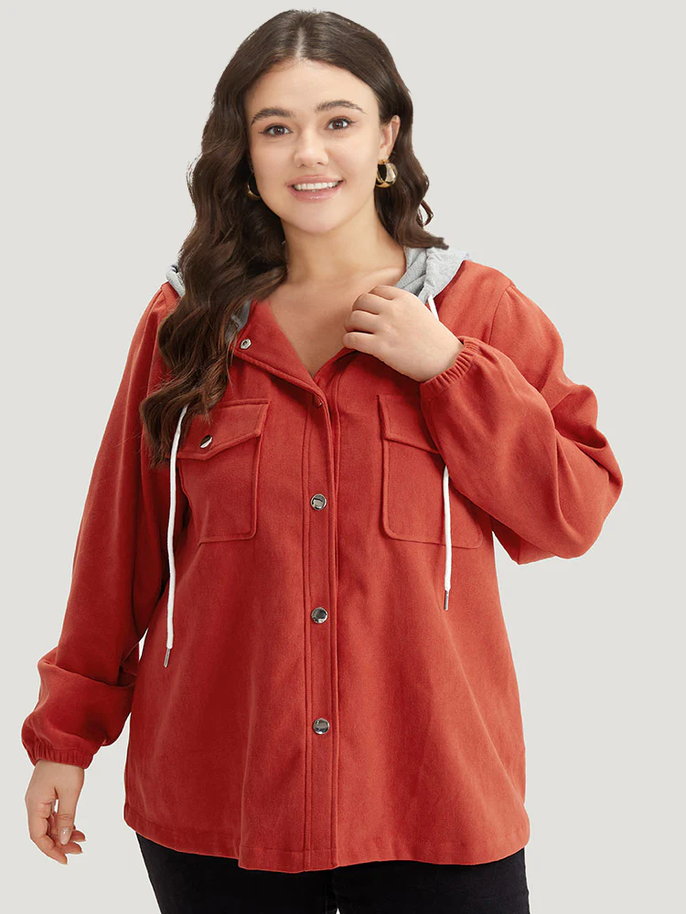 Contrast Patchwork Button Through Hooded Drawstring Corduroy Coat - Image 5